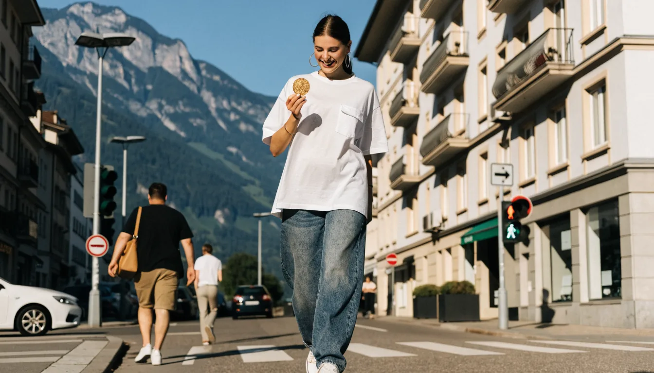 Junge Frau hält goldenen Spielchip vor Schweizer Stadtbild