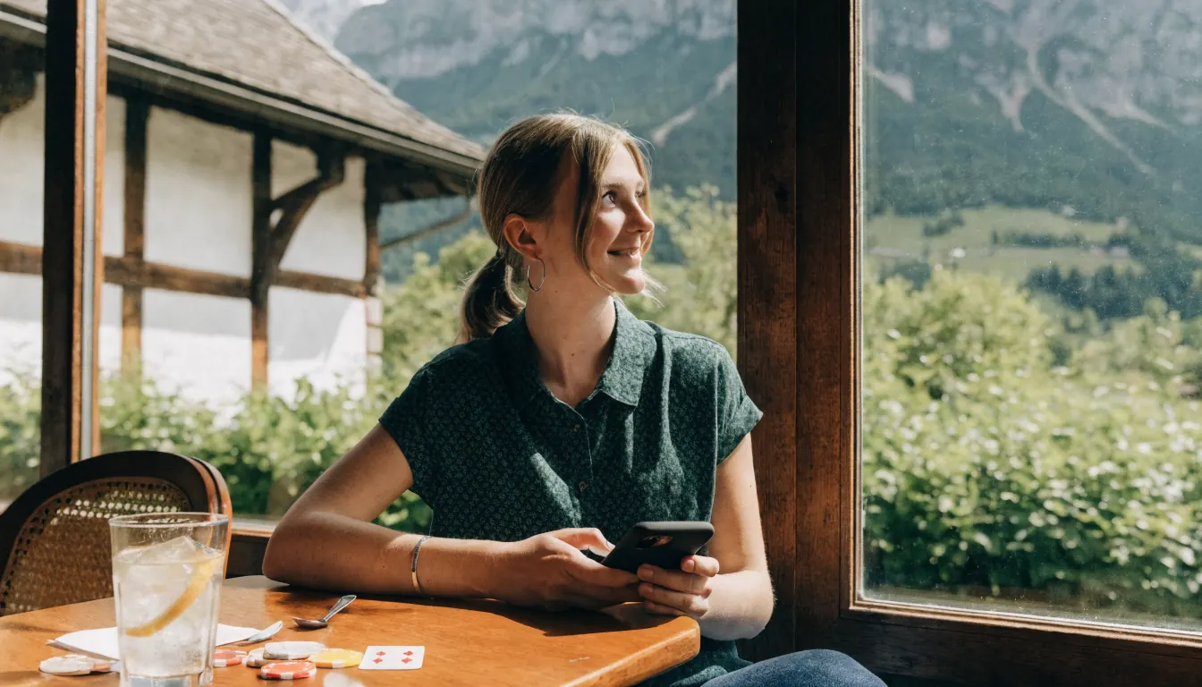 Junge Frau in einem Schweizer Café mit Smartphone, umgeben von Alpenlicht.
