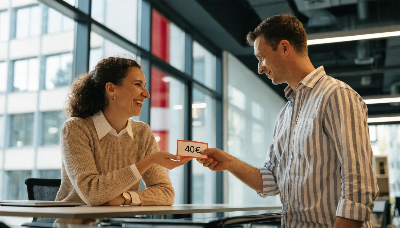 Mitarbeiter im Schweizer Casino überreicht 40€ Gutschein im Büro
