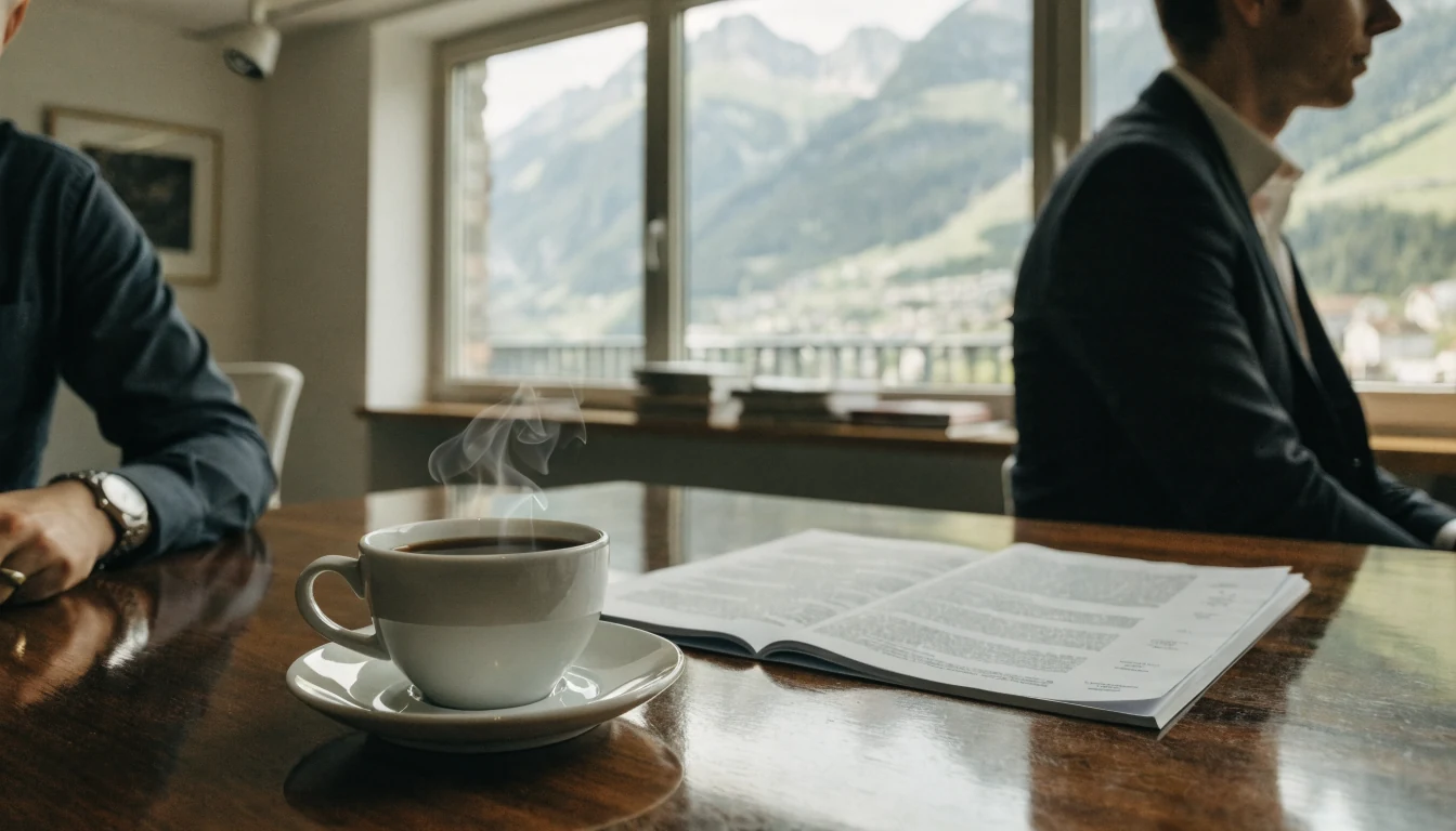 Schweizer Büro mit Vertrag, Tasse Kaffee und Bergblick