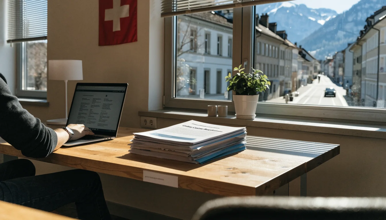 Büro in der Schweiz mit Laptop, Rechtsdokumenten und Alpenfenster