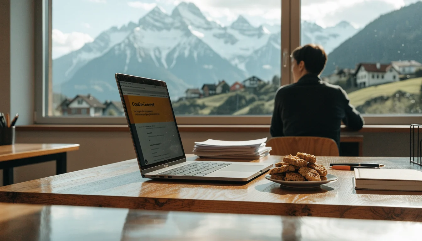Schweizer Büro mit Laptop, Keksplatte und Alpenfenster
