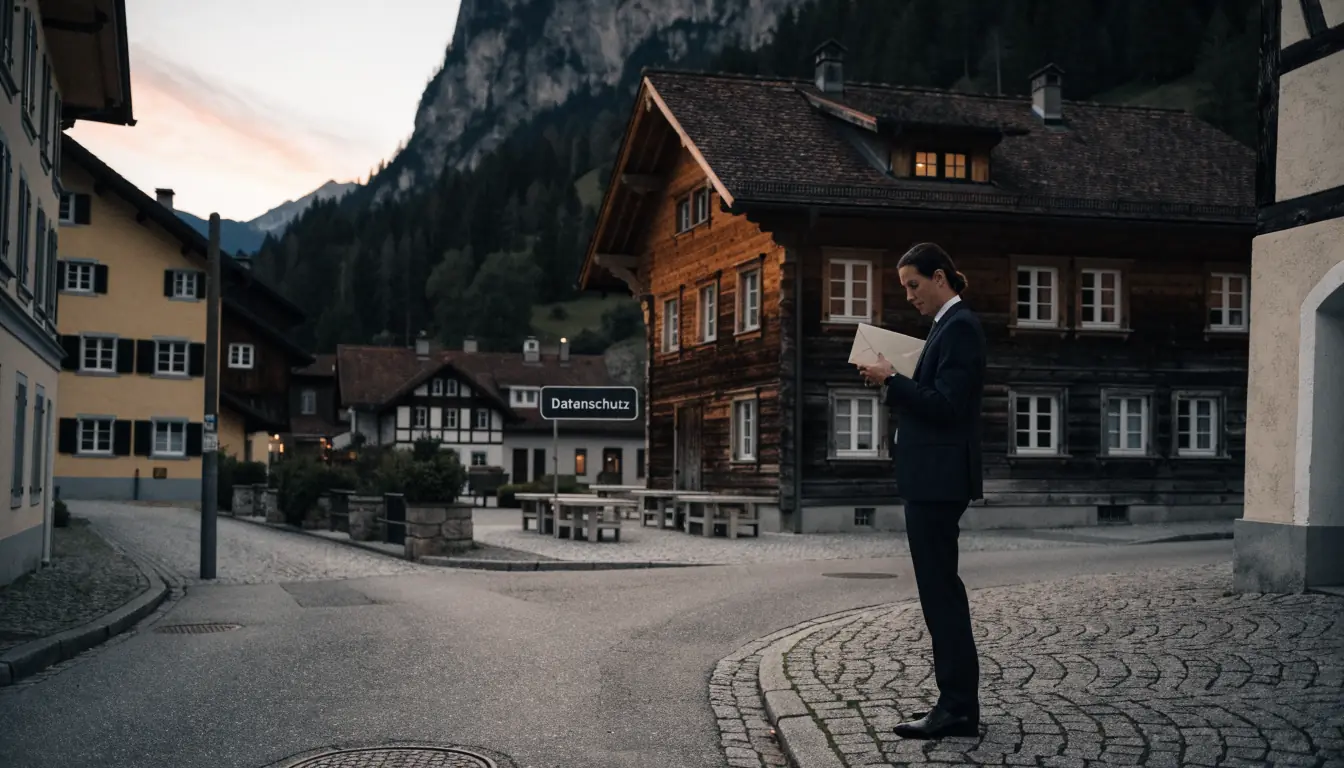 Alpines Dorf bei Dämmerlicht, Geschäftsmann mit versiegeltem Brief, Datenschutzschilder.