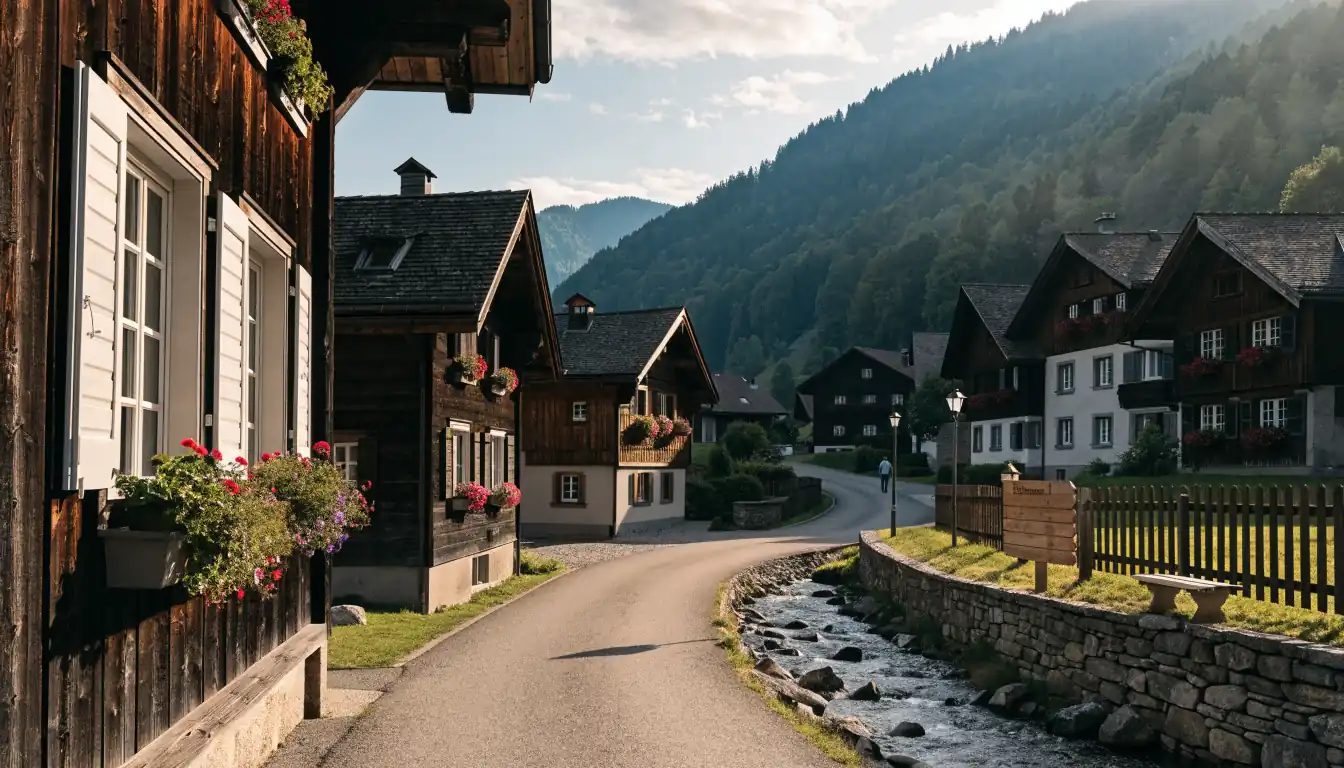 Schweizer Dorfstraße mit Hausen und Disclaimer‑Schild im Morgenlicht