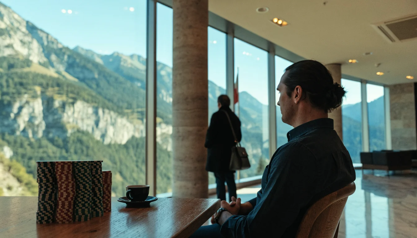 Helles Casino-Lobby mit Alpenfenster, Chips und Schweizer Flagge.