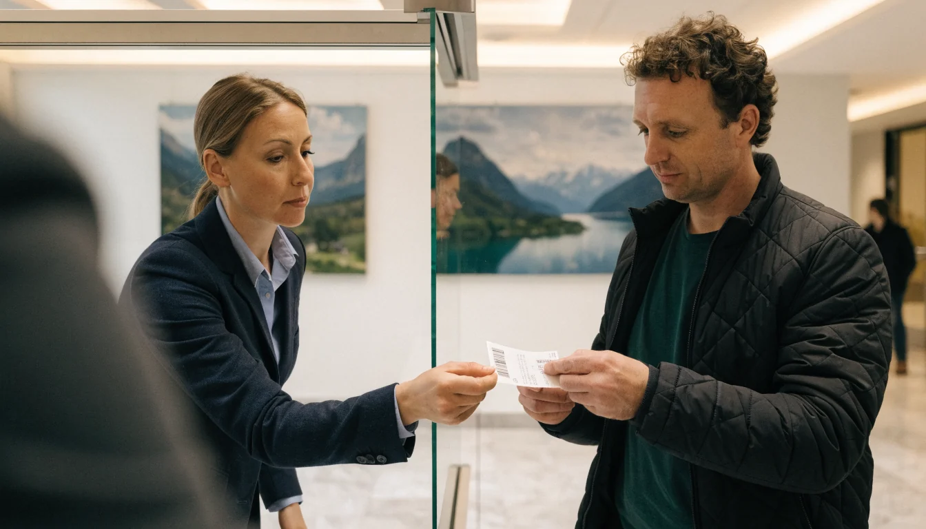 Kundin erhält Transaktionsbeleg am Glasbankschalter.