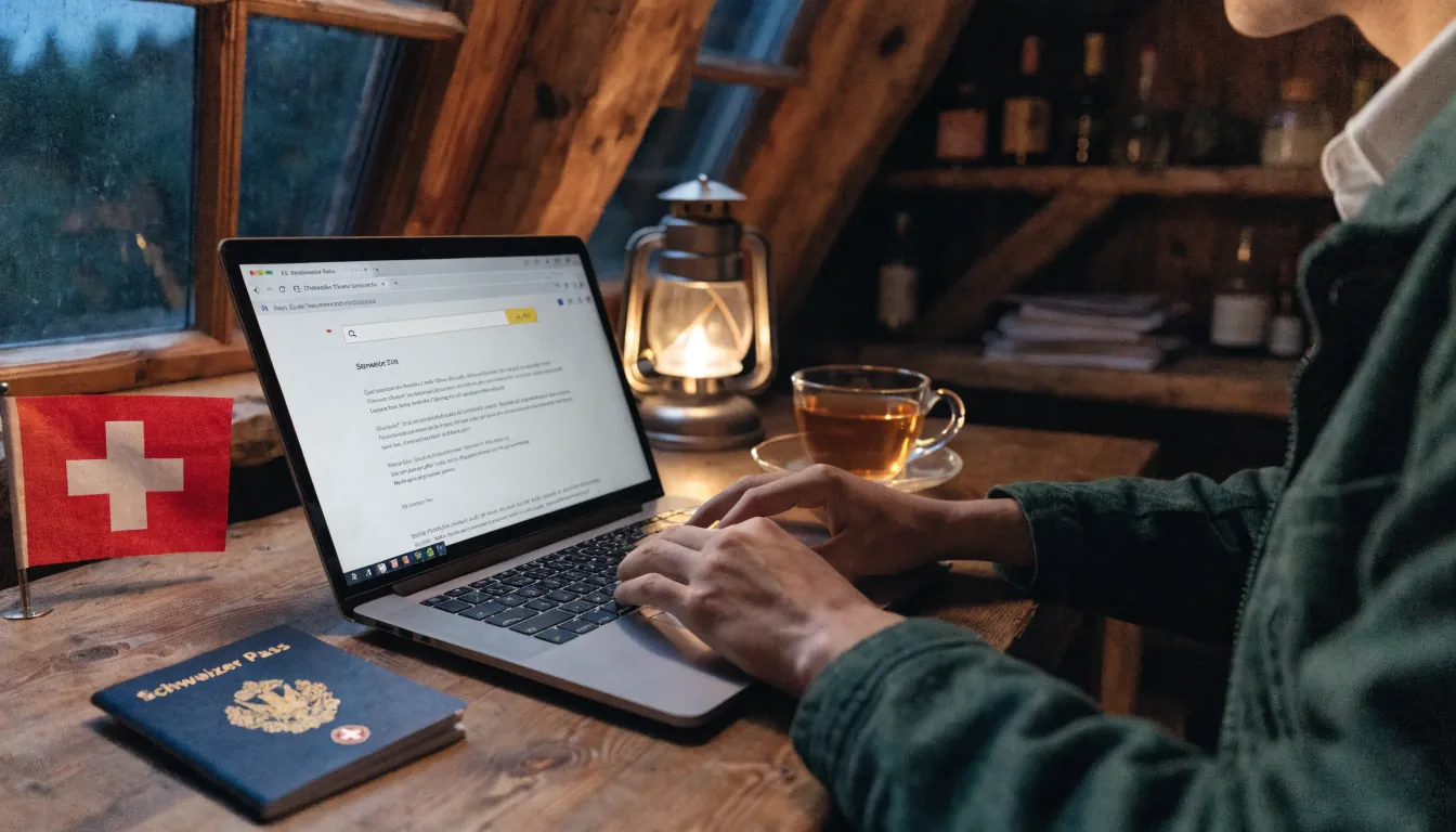 Laptop mit .ch‑Domain, Reisepass und Schweizer Flagge.
