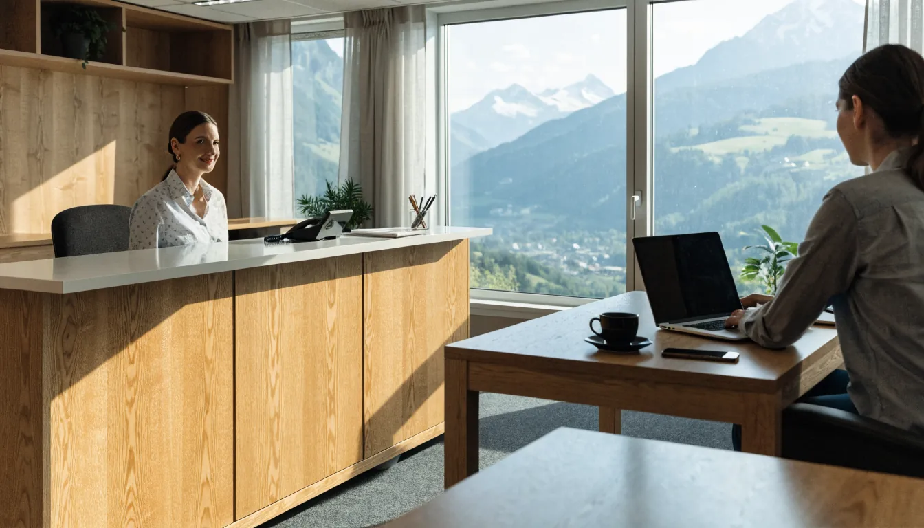 Modernes Schweizer Büro mit Empfangstresen und Alpenblick